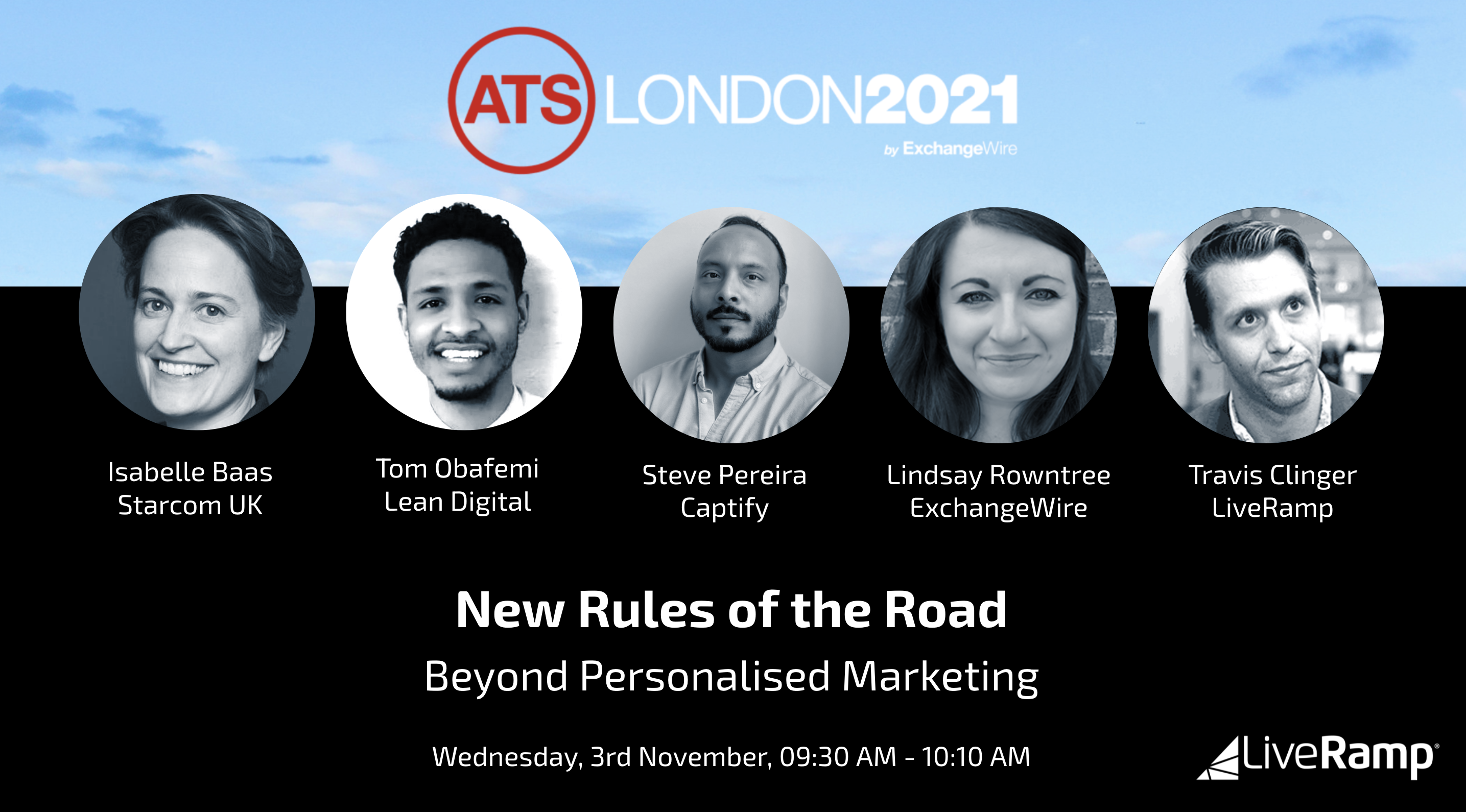 Photos of the panelists from our “New Rules of the Road” panel. From left to right: Isabelle Baas, Starcom UK; Tom Obafemi, Lean Digital; Steve Pereira, Captify; Lindsay Rowntree, ExchangeWire; Travis Clinger, LiveRamp.