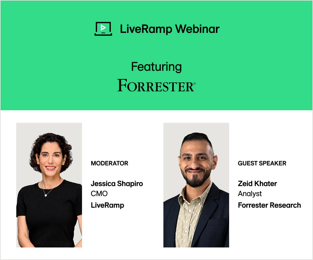 LiveRamp Webinar featureing Forrester: Drive Revenue & Loyalty: Data Collaboration Insights from LiveRamp and Guest Forrester Research. Speakers and titles.